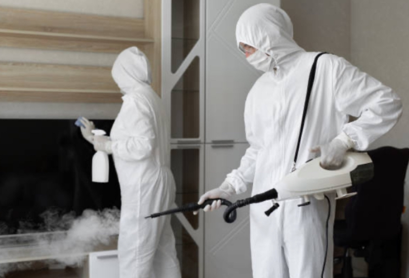 Technicien en combinaison de protection réalisant une décontamination