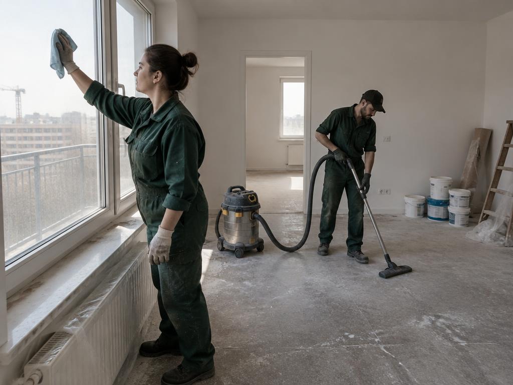 Agente de nettoyage nettoyant les vitres d'un appartement neuf après travaux
